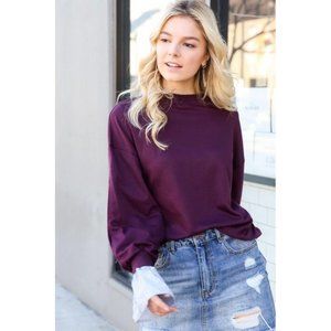 Plum Multi-media Lantern Sleeve Top